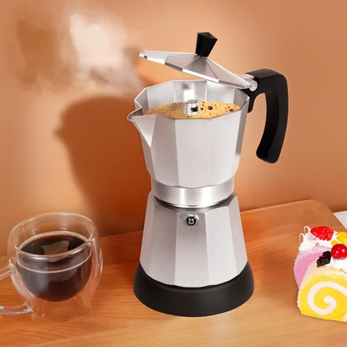 Vista 6 de Cafetera Moka Eléctrica de Aluminio Plateado, Cafetera de Espresso de 3 o 6 Tazas con Placa de Reducción de Dosis