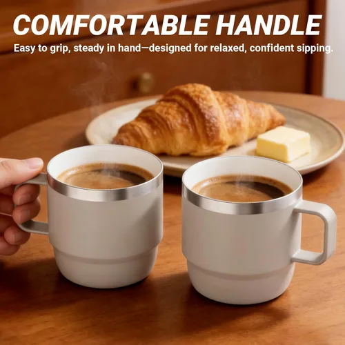 Vista 7 de Taza de café pequeña de 8 onzas con tapa deslizante magnética y asa, acero inoxidable 18/8 con forro de cerámica, doble pared aislada al vacío