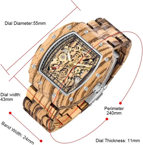 Vista 3 de Dentily Reloj de madera para hombre, triángulo, esqueleto automático, reloj mecánico de madera para hombre