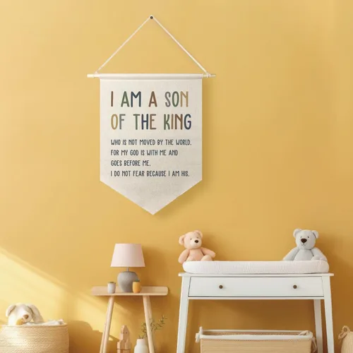 Vista 5 de Qpenm Cartel de lona colgante de pared con texto en inglés "I Am a Son of the King", estampado de banderines colgantes con cita de aliento