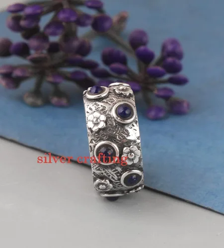 Vista 4 de Anillo redondo de lapislázuli hecho a mano, joyería de plata de lapislázuli para mujer, anillo de plata de piedra azul