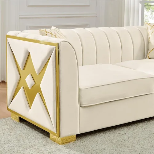 Vista 8 de Sofá Chesterfield de terciopelo moderno de mediados de siglo de 81 pulgadas, sofá victoriano de 3 plazas, muebles de lujo con detalles de acero