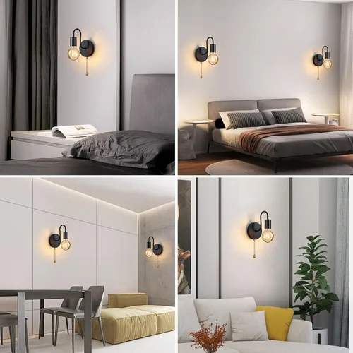 Vista 6 de Aplique de Pared Negro con Cadena de Tirar con Interruptor Luces de Pared Vintage E26 Lámpara de Pared Industrial Iluminación de Pared Retro