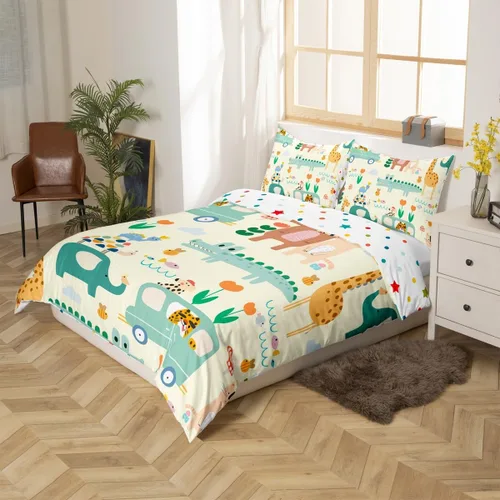 Vista 2 de Feelyou Funda de edredón de elefante de dibujos animados para niños, tamaño individual, juego de ropa de cama de cocodrilo para niños y niñas, funda