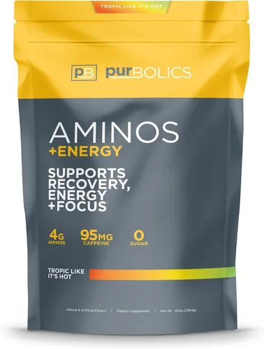 Vista 16 de Purbolics Aminos + Energía Apoya la recuperación, la energía y la concentración 95 mg de cafeína, 0 calorías y 60 porciones (azul acero)
