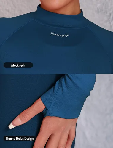 Vista 4 de FRESOUGHT Camiseta corta de manga larga para mujer, sin costuras, atlética, ropa deportiva, para gimnasio, yoga, correr, cuello alto falso