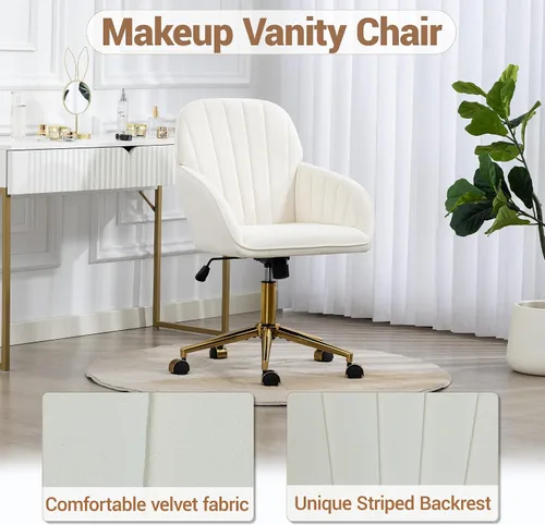 Vista 3 de Silla de tocador de terciopelo con ruedas y base dorada, 330 libras Beige