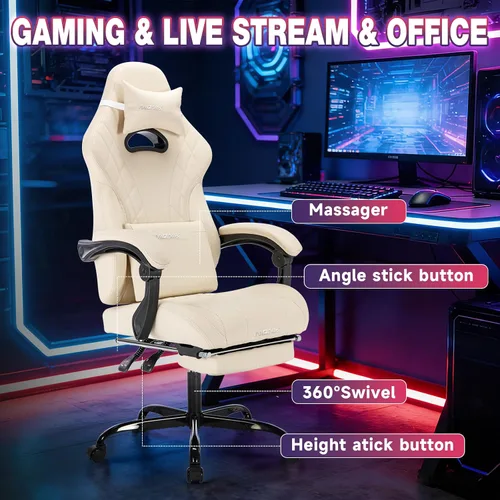 Vista 5 de Silla de juegos con reposapiés y soporte lumbar de masaje, silla ergonómica para videojuegos, sillas de videojuegos de oficina con altura y respaldo