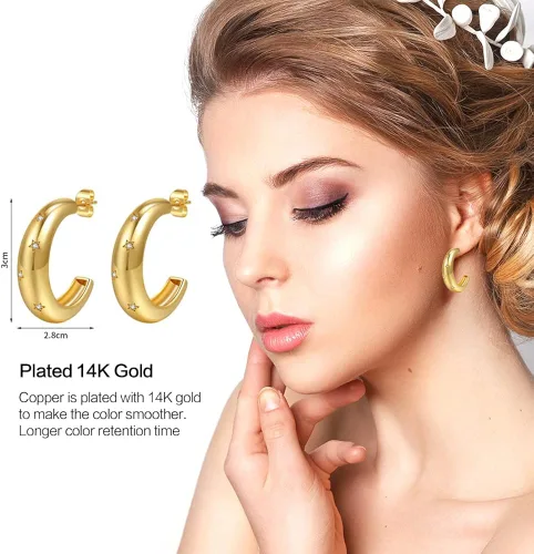 Vista 2 de 8-10 Pairs Delicate Gold Silver Hoop Earrings Set for Women, 14K Gold Plated Lightweight Hypoallergenic Thick Open Twisted Huggie Earrings for girls