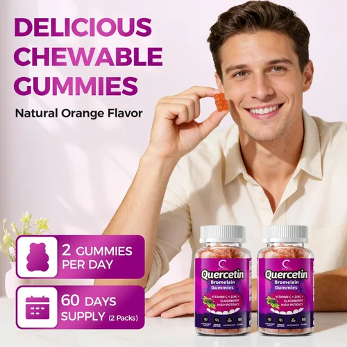 Vista 8 de Gomitas de quercetina, quercetina con bromelina, vitamina C, zinc y saúco, apoyo inmunológico de alta potencia, salud respiratoria y suplemento
