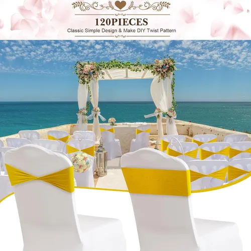Vista 6 de Frienda 120 cintas elásticas de elastano para silla, bandas elásticas para fundas de silla, lazos sin hebilla para bodas, recepciones, eventos, Oro