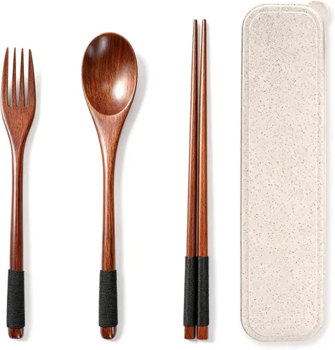 Vista 8 de Juego de cubiertos de madera, utensilios de viaje con estuche, cuchara