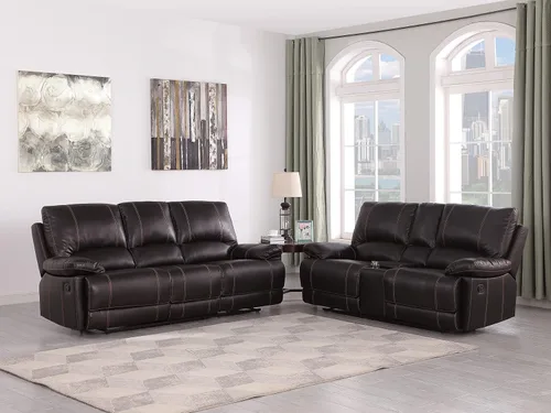 Vista 2 de Blackjack Furniture Brantley Collection - Sofá biplaza reclinable tapizado de cuero con consola, asientos acolchados de felpa con bobina Marrón
