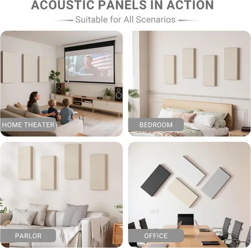 Vista 6 de Paquete de 4 paneles acústicos de núcleo de alta densidad con cubierta de tela, 24 x 12 x 2 pulgadas, paneles de pared autoadhesivos insonorizados