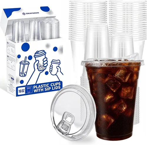Vista 16 de 100 unidades de vasos de plástico transparente de 16 onzas con tapas y pajitas, caja dispensadora organizada, vasos desechables resistentes