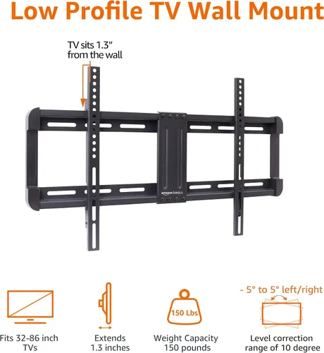 Vista 4 de Amazon Basics Soporte de pared para TV de perfil bajo con nivelación horizontal posterior a la instalación para televisores de 32 a 86 pulgadas