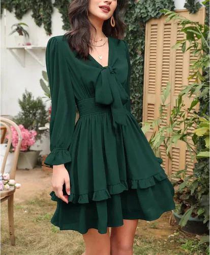 Vista 5 de EXLURA - Mini vestido acampanado, con cuello en V, de manga globo larga, floral, con capas, volantes, cintura elástica y para anudar por delante