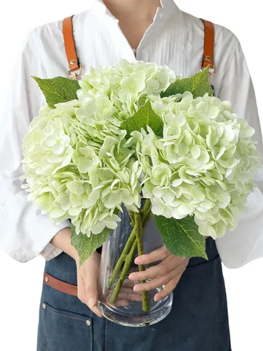 Vista 15 de JINWOE Hortensias artificiales de tacto real, 3 piezas de 21 pulgadas, flores de seda de látex real grandes, tallos largos, ramo de flores falsas