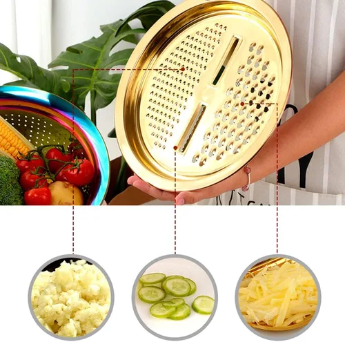 Vista 6 de Juego de 3 piezas de colador de acero inoxidable, cortador de verduras y frutas, pelador de patatas, zanahoria, colador, utensilios redondos