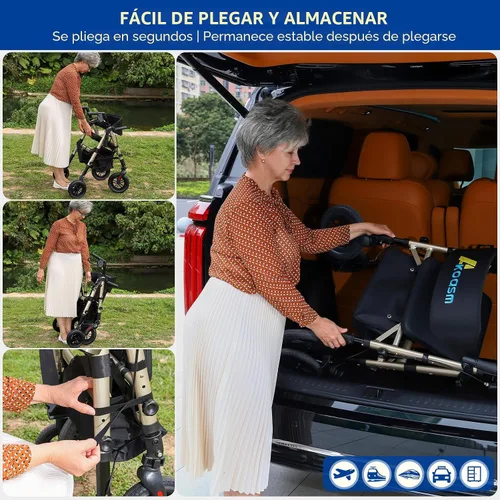 Vista 5 de Andador Rollator plegable para personas mayores con asiento, 2 en 1 ligero, silla de ruedas con ruedas para adultos, silla de transporte con frenos