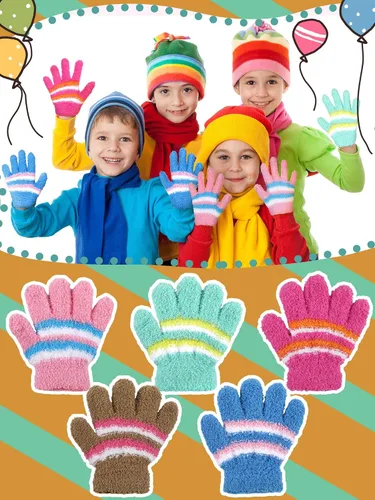 Vista 6 de SATINIOR 5 pares de guantes de dedos completos para niños, guantes de punto cálidos guantes de invierno para niños pequeños y niñas, suministros