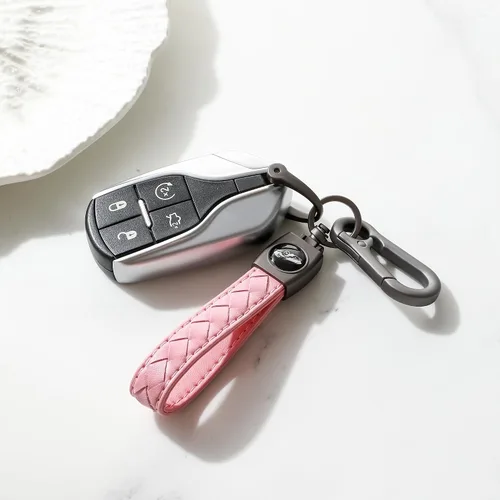 Vista 7 de Llavero de mosquetón, llavero de cuero hecho a mano tejido resistente universal, Gunmetal - Rosa