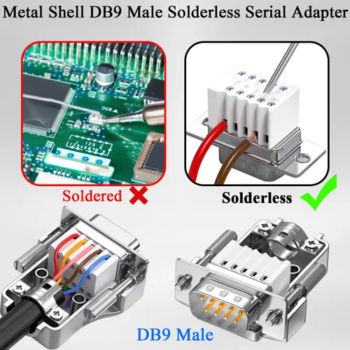 Vista 2 de QIANRENON Carcasa de metal DB9 conector serial sin soldadura compacto DB9 macho adaptador de terminal de crimpado chapado en oro D-SUB 9pin enchufe