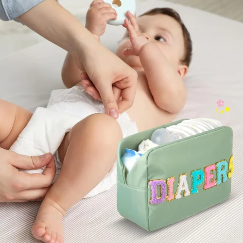Vista 5 de Geetery Bolsa de pañales pequeña portátil de chenilla para pañales, toallitas, organizador de viaje, artículos esenciales para bebés, recién