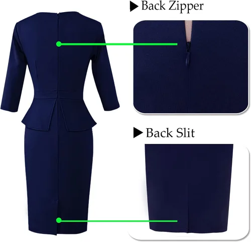 Vista 4 de VFSHOW Vestido de tubo plisado con cuello redondo para mujer, para trabajo, negocios, oficina, bodycon