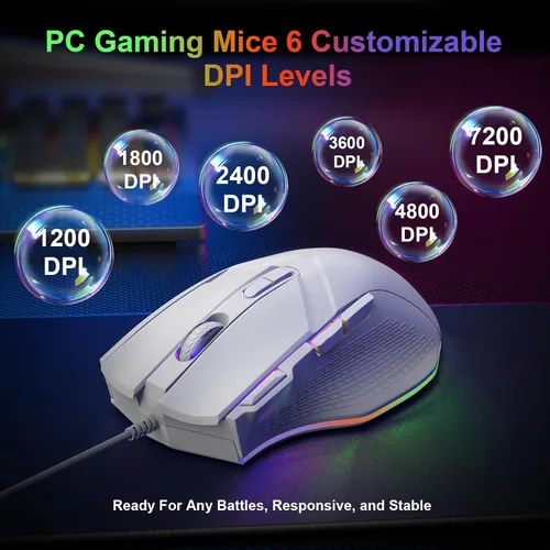Vista 2 de LEWENTECH Ratón gaming 6 niveles de DPI ajustables hasta 7200 ratón gaming para PC con cable 8 botones programables 13 modos LED RGB ajustables 1.5