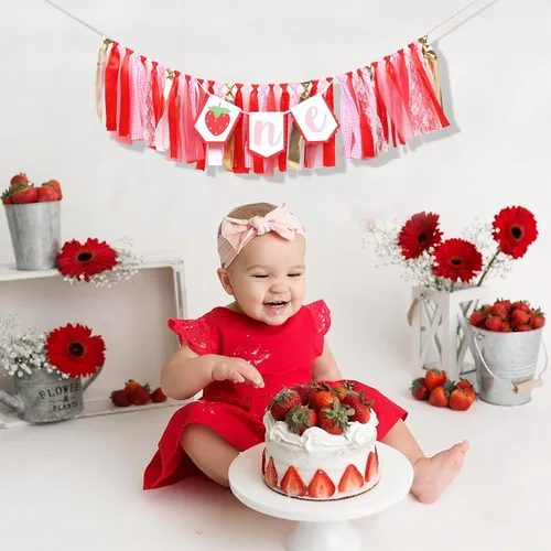 Vista 4 de Decoraciones de fiesta de fresa para primer cumpleaños, cartel de fresa para silla de bebé para accesorios de cabina de fotos y telón de fondo