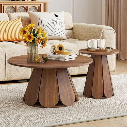 Vista 8 de Mesa de centro redonda, moderna mesa central circular de madera con base de pedestal para espacios pequeños, sala de estar, apartamento, nogal