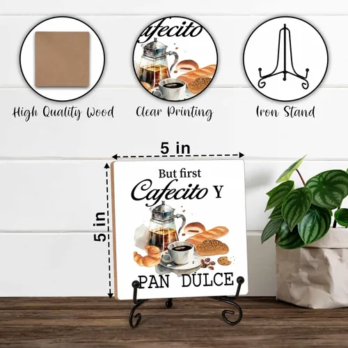 Vista 2 de Letrero de barra de café, letrero de madera de cafecito de 5 x 5 pulgadas con soporte de hierro, perfecto para decoración de mesa de oficina