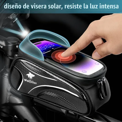 Vista 6 de WOLFILIST Bolsa de bicicleta - Bolsa impermeable para marco de bicicleta con cubierta de lluvia para visera solar, soporte para teléfono