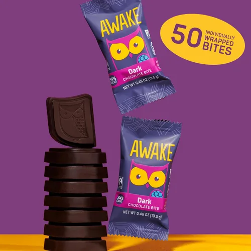 Vista 7 de AWAKE - Bocaditos de chocolate con cafeína - Chocolate oscuro, 50 bocaditos - 50mg de cafeína - Bocaditos energéticos envueltos individualmente
