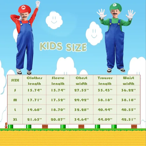 Vista 4 de Vermeyen Disfraz de Super Brothers para niños y adultos, traje de fontanero con sombrero, bigote, guantes, accesorio para disfraz de Halloween