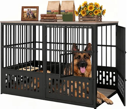 Vista 11 de Yafylly Jaula para perros pequeños de 32 pulgadas, muebles de madera para perros pequeños y medianos, ventana interactiva, cuencos ajustables