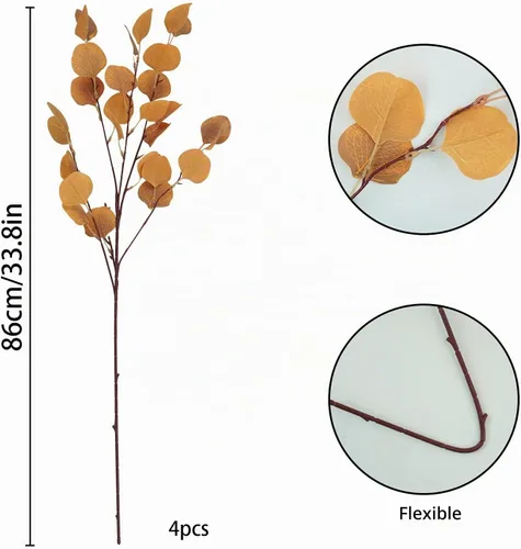 Vista 3 de 4 tallos de hojas artificiales de eucalipto de 33.8 pulgadas, ramas de eucalipto naranjas, flores de otoño falsas para el hogar, chimenea, granja