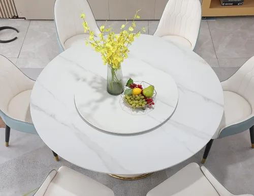 Vista 6 de Leavader Mesa de comedor redonda de 59 pulgadas, moderna mesa de mármol sintético con bandeja giratoria y base en forma de pétalo, mesa de comedor