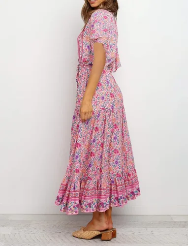 Vista 4 de R.Vivimos - Vestido de verano holgado para mujer, tela de algodón, estampado floral, manga corta