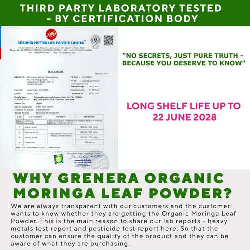 Vista 4 de Grenera Moringa en polvo orgánico Hoja de Moringa Oleifera Ingrediente a base de plantas Probado en laboratorio para calidad Mezcla fácil