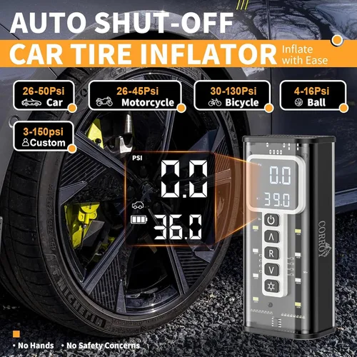 Vista 8 de Inflador de neumáticos Corroy Compresor de aire portátil, inflador de neumáticos inalámbrico de 150 PSI con indicador digital y luz LED, bomba
