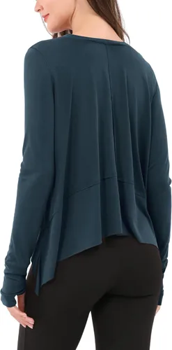 Vista 2 de ODODOS - Camisa para mujer, manga larga, tipo ombliguera, con agujero para el pulgar, deportiva, para ir al gimnasio, entrenamiento o yoga