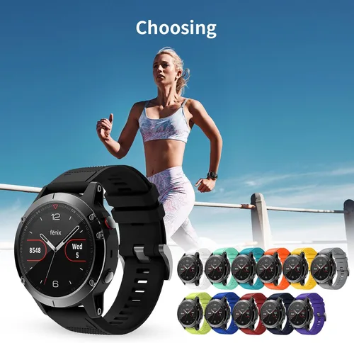 Vista 6 de Correa de reloj compatible con Fenix, correa de reloj Garmin de 0.866 in, silicona suave, repuesto para Fenix 5/5 Plus/6/6 Pro/7/Forerunner Negro