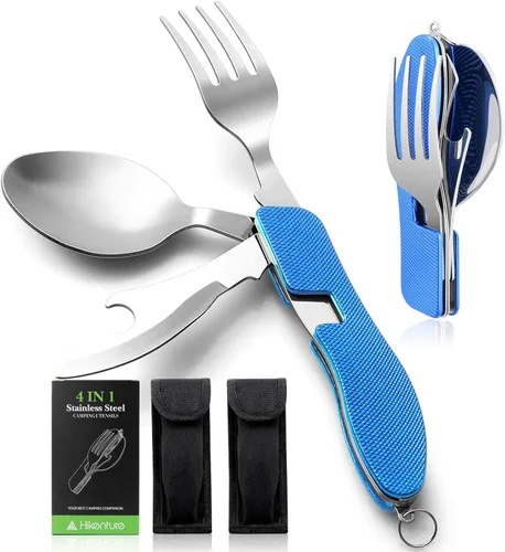 Vista 13 de HIKENTURE 4 en 1 Utensilios para Camping, Juego de Cubertería de Acero Inoxidable con Cuchara, Tenedor, Cuchillo y Abrebotellas, Cubiertos