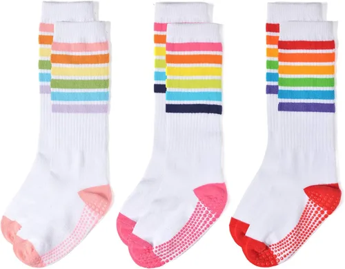 Vista 2 de EPEIUS Calcetines altos a la rodilla con rayas arco iris para bebé, medias de tubo antideslizantes, calcetines de fútbol para niños pequeños y niños