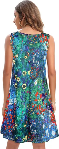 Vista 4 de elescat Vestidos de verano para mujer, estilo casual, sin mangas, estampado floral, holgado, con bolsillo