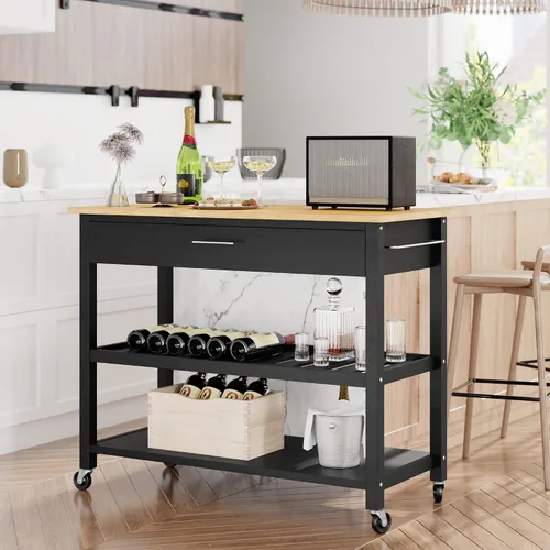Vista 9 de Shintenchi Isla de cocina con hoja plegable, mesa de isla enrollable con almacenamiento, armario de cocina con ruedas con área de asiento