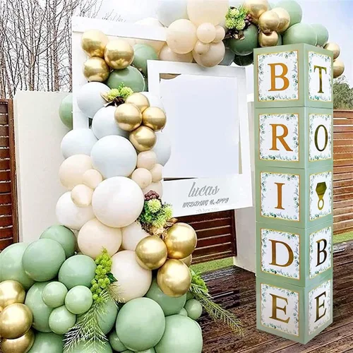 Vista 8 de 96 cajas de globos de decoración de despedida de soltera de color blanco, bloque transparente con BRIDE TO BE + GROOM + letras A - Z y 40 globos