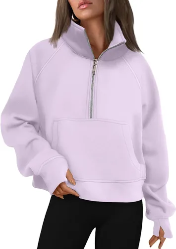 Vista 34 de AUTOMET Sudaderas con media cremallera para mujer, sudadera corta de vellón con cremallera de un cuarto, sudaderas con capucha para el otoño, a